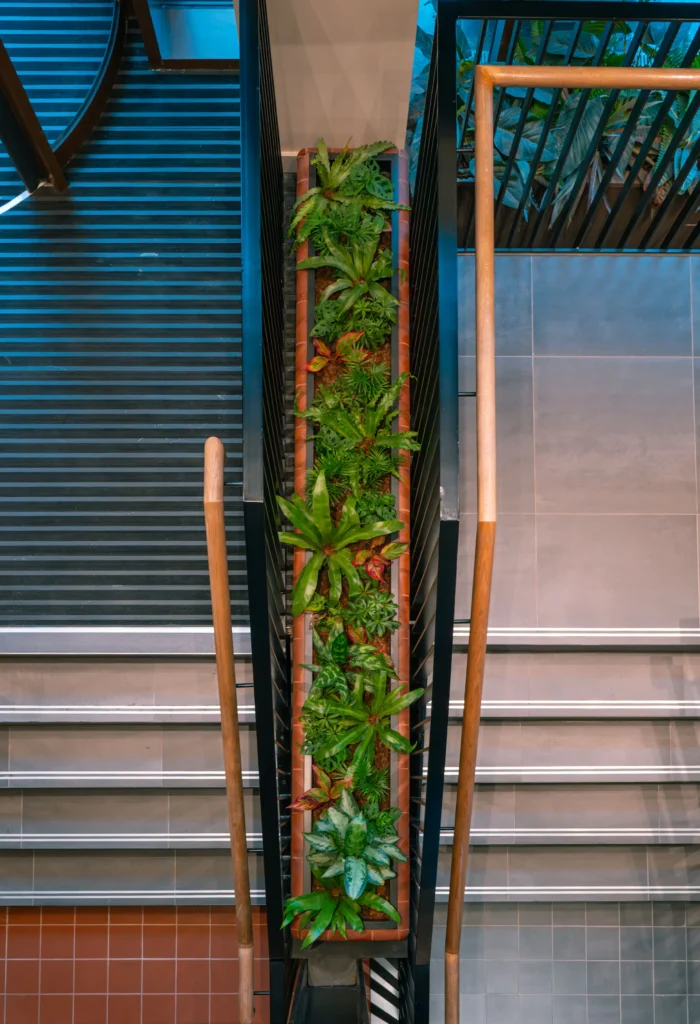 Live Plants inset into staircase trough at Pall Mall, MAnchester