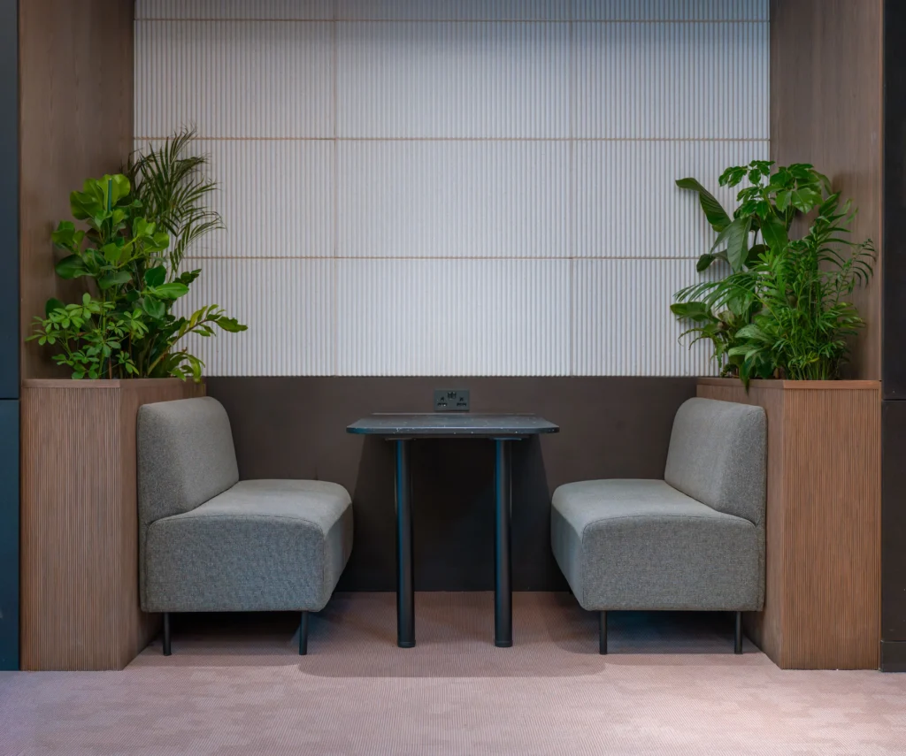 Live plants in built in booth seating at Pall Mall Manchester